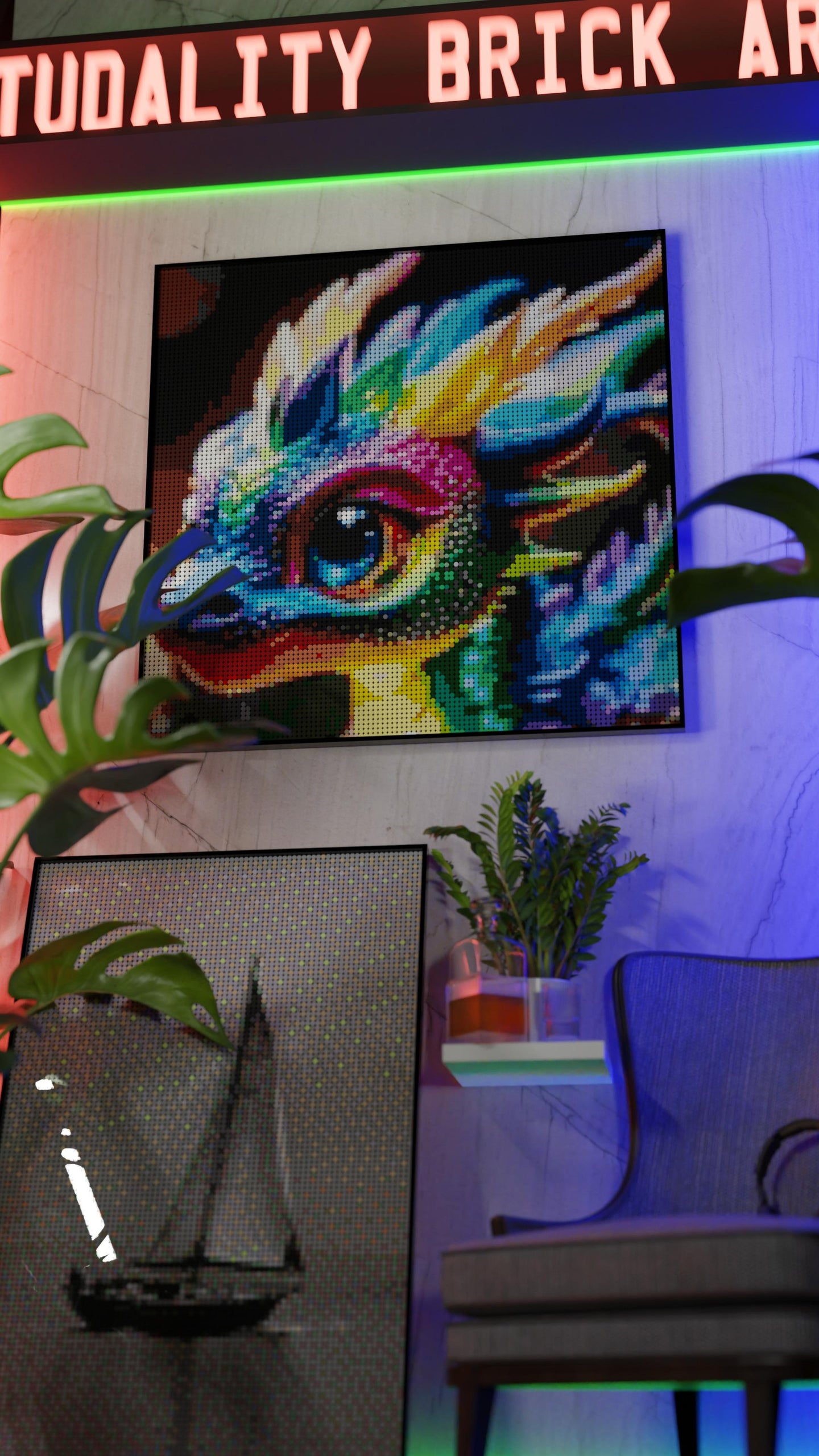 Neon Hatchling LEGO® Style mosaic wall art made from colorful plastic bricks